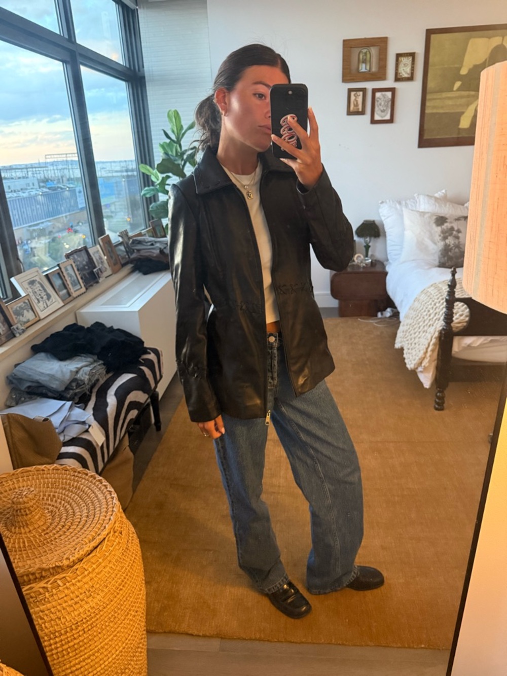Black Leather Zip-Front Women's Jacket
